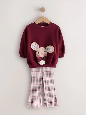 Next Girls Burgundy Holiday Mouse Plaid Flare Sweatshirt Pants Set Size 5-6 NWT